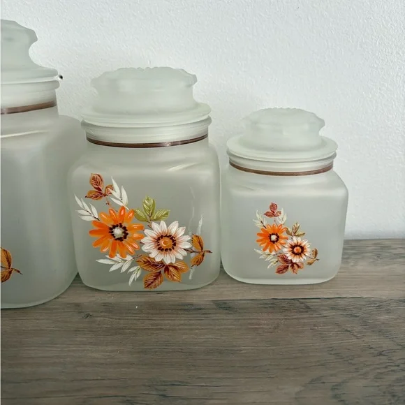 Vintage Retro Rare Anchor Hocking Frosted Glass Canister Floral Set